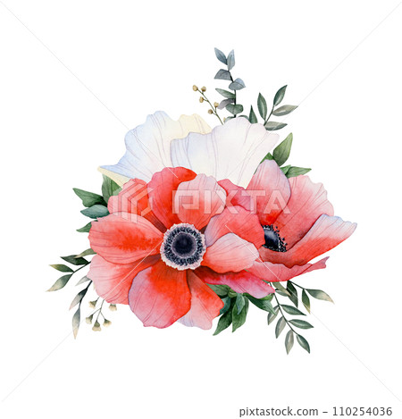 Red and white anemone flowers bouquet with eucalyptus and grass watercolor floral illustration isolated on white. Field poppy for logo design, wedding invitations and prints 110254036