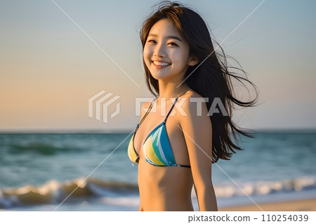 一位身穿比基尼的年輕日本女性在人工智慧生成的背景中健康地微笑著日落 一位身穿比基尼的年輕日本女性在人工智慧生成的背景中健康地微笑著日落 110254039