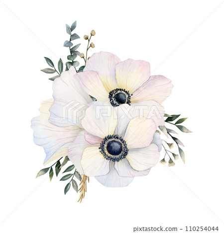 White anemones flowers bouquet with field poppies, eucalyptus and grass watercolor illustration isolated on white background for greeting cards, logos, spring wedding invitations, mothers day designs 110254044