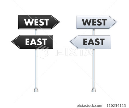 Directional Road Signs Pointing East and West, Vector Illustration of Guideposts in Black and White for Navigation and Travel 110254113