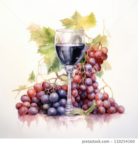 AI-generated content. Stylish watercolor illustration. A glass of wine with a branch of grapes inside. AI-generated content. Stylish watercolor illustration. A glass of wine with a branch of grapes inside. 110254160
