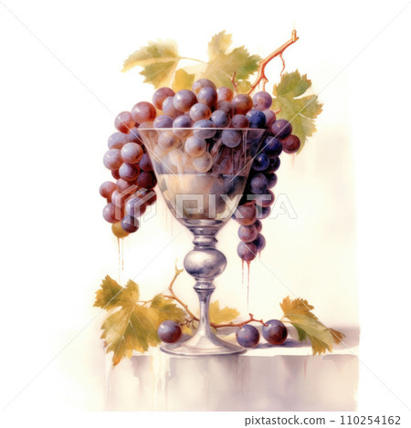 AI-generated content. Stylish watercolor illustration. A glass of wine with a branch of grapes inside. 110254162