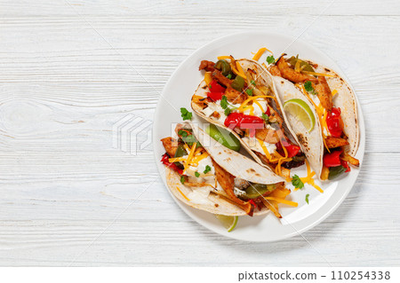 baked tex-mex chicken fajitas on a plate, top view baked tex-mex chicken fajitas on a plate, top view 110254338