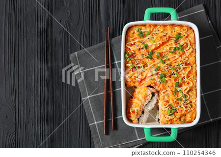 sushi bake with salmon, rice, seaweed, crab meat sushi bake with salmon, rice, seaweed, crab meat 110254346