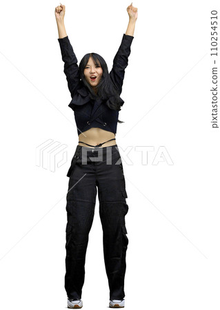 A woman in black clothes, on a white background, in full height, raised her hands A woman in black clothes, on a white background, in full height, raised her hands 110254510