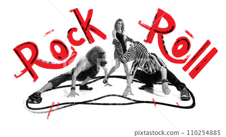 Poster. Contemporary art collage. Two people with animal heads, baboon and zebra with crazy animal spirit looking to each other and one woman walks past them. Poster. Contemporary art collage. Two people with animal heads, baboon and zebra with crazy animal spirit looking to each other and one woman walks past them. 110254885