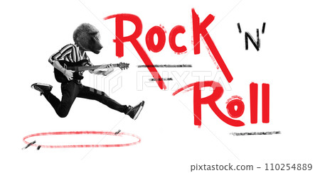 Poster. Contemporary art collage. Energetic and talented guy with head of baboon playing rock-n-roll music on electric guitar and enjoy it. Poster. Contemporary art collage. Energetic and talented guy with head of baboon playing rock-n-roll music on electric guitar and enjoy it. 110254889