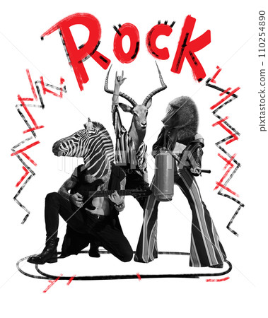 Poster. Contemporary art collage. Modern rock band of black and white people with heads of wild animals who love hard rock and compose it. 110254890