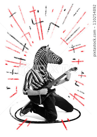 Poster. Contemporary art collage. Young guy with zebra head, who enjoys playing guitar while composing dynamic rock and roll music. Poster. Contemporary art collage. Young guy with zebra head, who enjoys playing guitar while composing dynamic rock and roll music. 110254892