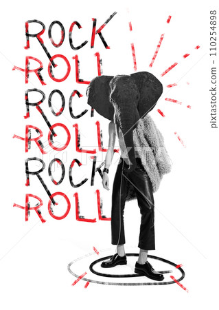 Poster. Contemporary art collage. Young man with elephant head posing against white background with rock, roll black and red words. Poster. Contemporary art collage. Young man with elephant head posing against white background with rock, roll black and red words. 110254898