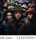 AI-generated content. Portrait of man in crowd of people in hat with hoods 110254943