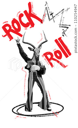 Poster. Contemporary art collage. Wild nature of human spirit. Gazelle dressed as rock star with inscription Rock roll in graffiti style. Poster. Contemporary art collage. Wild nature of human spirit. Gazelle dressed as rock star with inscription Rock roll in graffiti style. 110254947