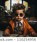 AI-generated content. Stylish child little boy wearing sunglasses in dark room 110254956