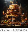 AI-generated content. Huge appetizing burger with cheese and meat cutlet on dark background 110254957