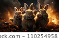 AI-generated content. Three frightened rabbits against background of fire 110254958