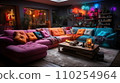 AI-generated content. Multi colored sofa in room with red violet lighting 110254964