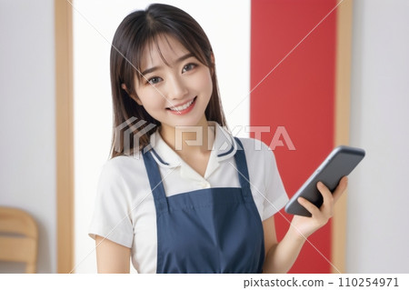 一位穿著圍裙的美麗家庭主婦在操作智慧型手機時微笑 110254971