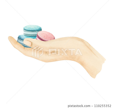 Woman hand holding a bunch of teal pastel blue French macarons dessert watercolor illustration isolated on white for bakery sweet food designs 110255352