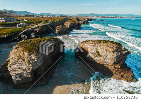 Aerial view to the Beach of the Cathedrals. Europe, Northern Spain 110255730