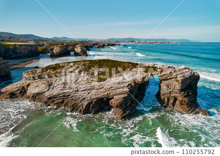 Aerial view to the Beach of the Cathedrals. Europe, Northern Spain Aerial view to the Beach of the Cathedrals. Europe, Northern Spain 110255792