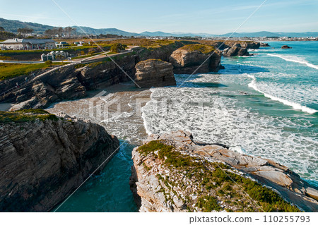 Aerial view to the Beach of the Cathedrals. Europe, Northern Spain 110255793