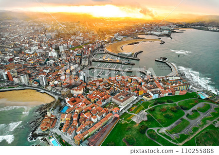Aerial view of Gijon city during sunset. Spain, Asturias 110255888