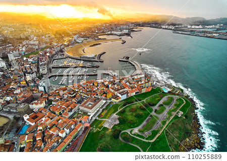 Aerial view of Gijon city during sunset. Spain, Asturias 110255889