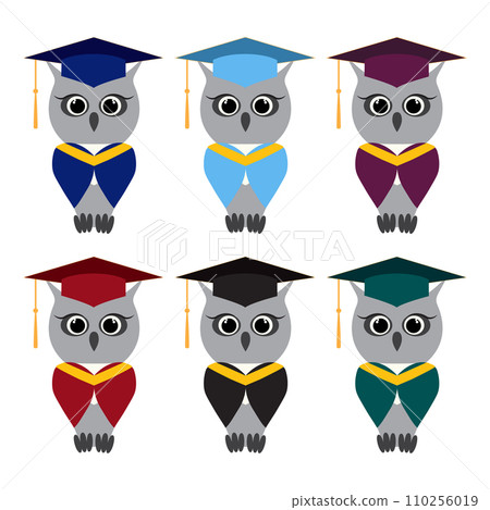 Set of owl in a graduate hats and mantles of different colors. Jpeg owl character in professors, mortar in master cap 110256019