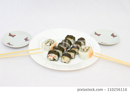 Japanese cuisine, rice sushi and fish - closeup 110256118