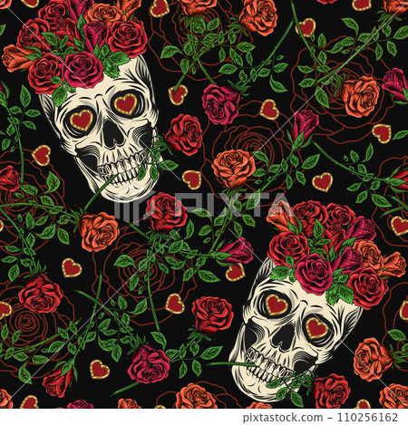 Colorful pattern with skull like cup full of roses, scattered roses with stem. Gothic love illustration. For clothing, t shirt design, engagement event, Valentines Day, gift decoration. 110256162