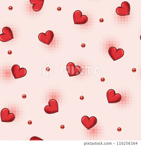 Seamless pattern with scattered red hearts, beads, halftone shapes. Valentines day design on white background. Vintage illustration for prints, clothing, surface design 110256164
