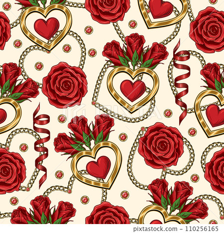 Valentines day seamless pattern with romantic symbols, gold chains, heart, rose flower, spiral ribbon, ruby gems. Vector pattern for wedding, engagement event, Valentines Day, gift decoration. 110256165