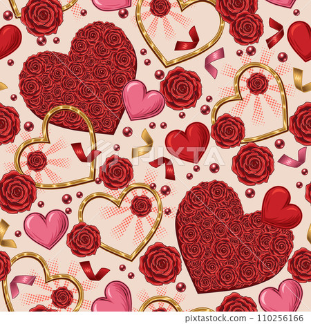 Valentines day seamless pattern with hearts, rose flowers, confetti, scattered beads, halftone shapes. For wedding, engagement event, Valentines Day, gift decoration. Valentines day seamless pattern with hearts, rose flowers, confetti, scattered beads, halftone shapes. For wedding, engagement event, Valentines Day, gift decoration. 110256166