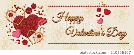 Happy Valentines Day horizontal Banner with hearts, confetti, scattered beads, red lush blooming roses, text. Holiday design for greeting card, flyer, wedding, engagement event decoration 110256167