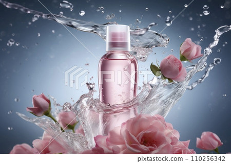 AI-generated content. Chic pink lotion bottle embraced by a splash of crystal water and blooming roses, symbolizing purity 110256342