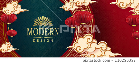 Chinese New Year, texture red illustration with frame with gold ornament and air lanterns Chinese New Year, texture red illustration with frame with gold ornament and air lanterns 110256352