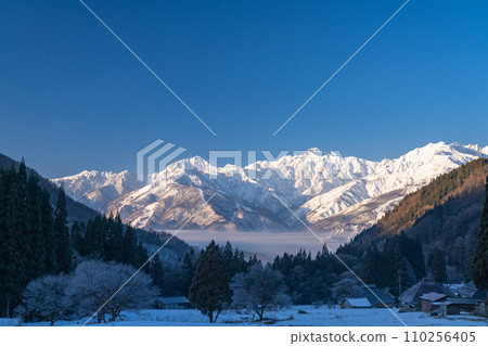 [長野縣] 白雪皚皚的北阿爾卑斯山的黎明，白馬村青木村的冬景 110256405