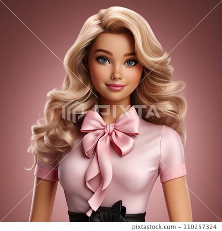 AI-generated content. bright portrait of a blonde with curls in pink on a pink background. Ai Generative. 110257324