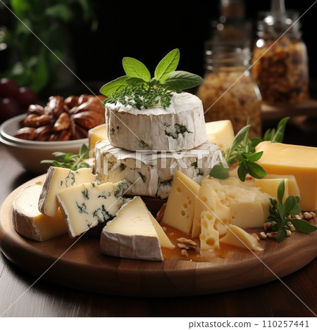 AI-generated content. Cheese mix on wooden plate still-life. Ai Generative. 110257441