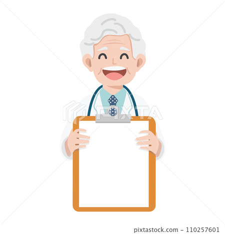 Male doctor holding a clipboard showing a blank document 110257601