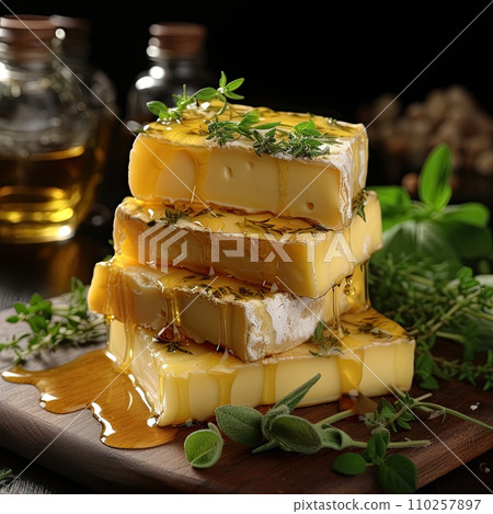 AI-generated content. Cheese mix on wooden plate still-life. Ai Generative. 110257897