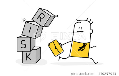Businessman investor run away from risk collapsing box. Businessman investor run away from risk collapsing box. 110257913