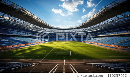AI-generated content. High Angle Establishing Shot: Stadium with Soccer Championship Match. Teams Play, Crowds of Fans Cheer. Football Cup Tournament. Sport Channel Concept, Screen Content. Wide Shot 110257932