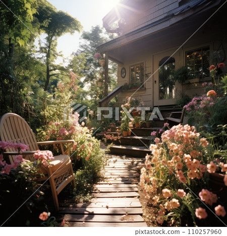 AI-generated content. Backyard oasis with private garden and beautiful landscape. AI Generative. 110257960