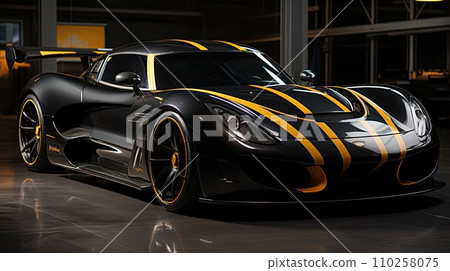 AI-generated content. Futuristic Sports Car On Neon Highway. Powerful acceleration of a supercar on a night track with colorful lights and trails. AI Generative. 110258075