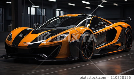 AI-generated content. Futuristic Sports Car On Neon Highway. Powerful acceleration of a supercar on a night track with colorful lights and trails. AI Generative. 110258136