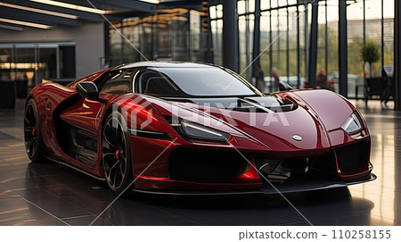 AI-generated content. Futuristic Sports Car On Neon Highway. Powerful acceleration of a supercar on a night track with colorful lights and trails. AI Generative. 110258155