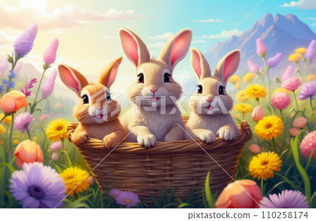 Illustration of happy, smiling little Easter bunnies in a wicker basket amidst a wildflower field. Ideal for a joyful and spring-themed Easter campaign 110258174