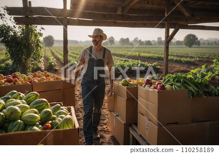 A local agriculture food co-op farm. Members are carrying home boxes with the week's fresh, seasonal produce. Supporting local farms and farmers. 110258189