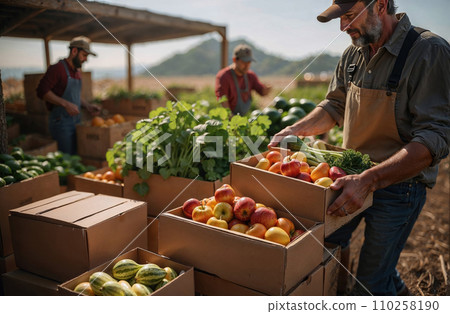 A local agriculture food co-op farm. Members are carrying home boxes with the week's fresh, seasonal produce. Supporting local farms and farmers. A local agriculture food co-op farm. Members are carrying home boxes with the week's fresh, seasonal produce. Supporting local farms and farmers. 110258190